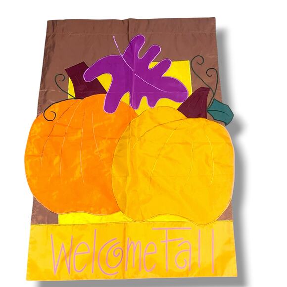 Welcome Fall Pumpkin House Flag Leaves Outdoor Yard Decor 40"H x 27"W Vintage - Picture 2 of 7